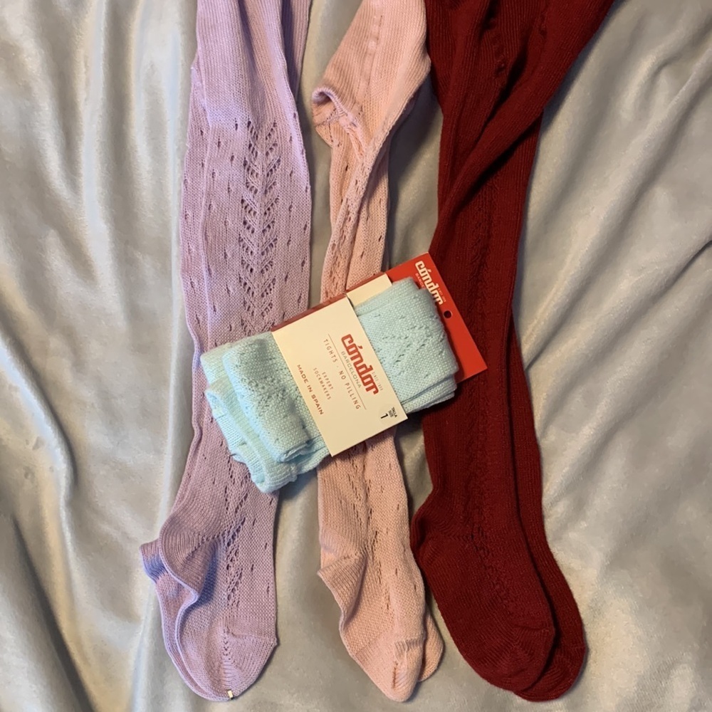 Condor tights open work crocheted pink lavender and aqua size 1 rust red size 2